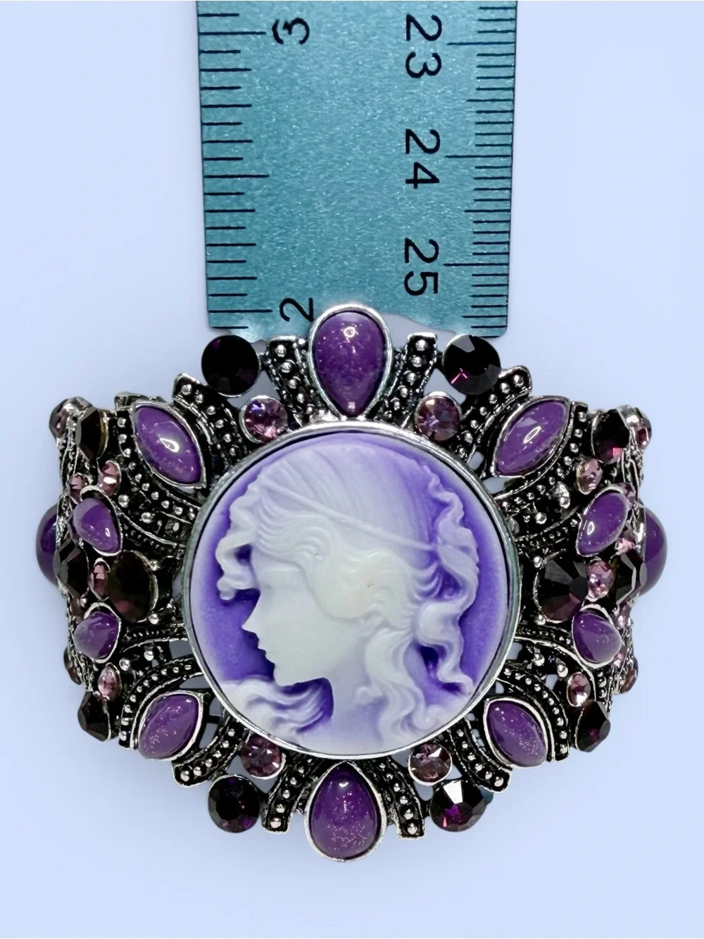 Victorian Revival Purple Cameo‎ Cuff Bracelet Silver Tone Filigree Rhinestones